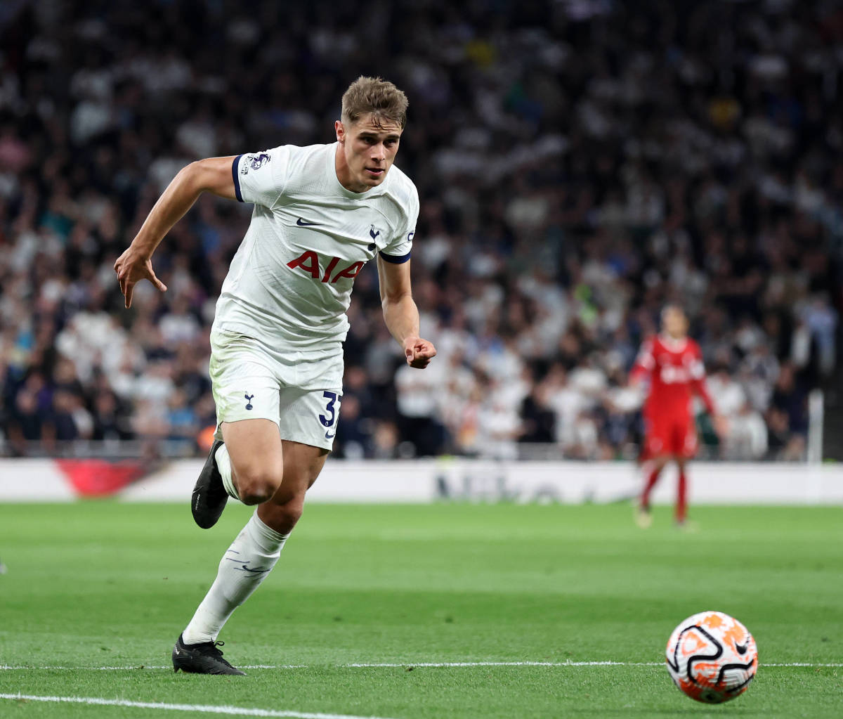 Micky van de Ven pictured during Tottenham Hotspur's 2-1 win over Liverpool in September 2023