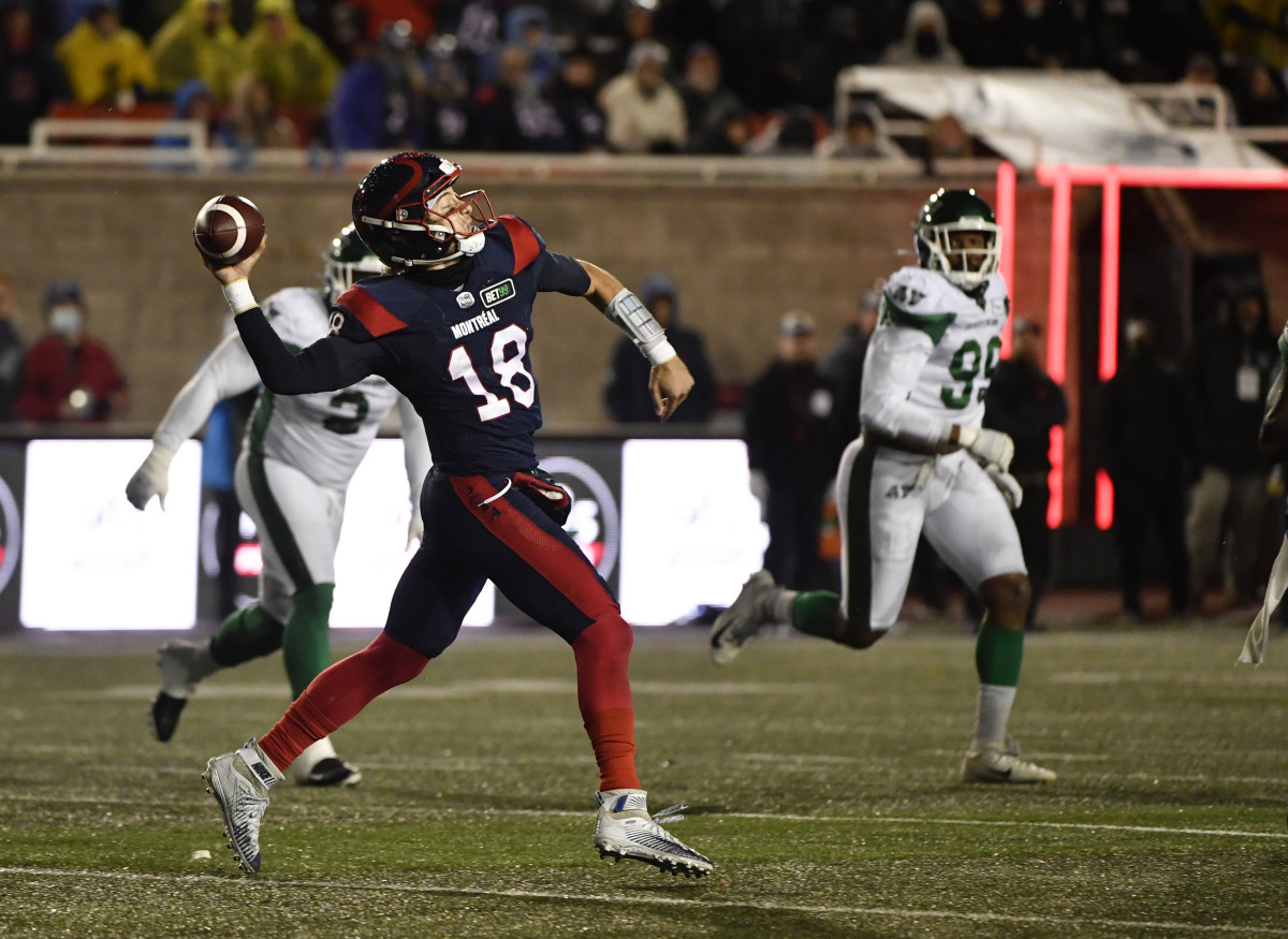 Oct 30, 2021; Montreal, Quebec, CAN; Montreal Alouettes quarterback Matthew Shiltz (18) throws a pass against the Saskatchewan Roughriders in the fourth quarter during a Canadian Football League game at Molson Field. Mandatory Credit: Eric Bolte-USA TODAY Sports