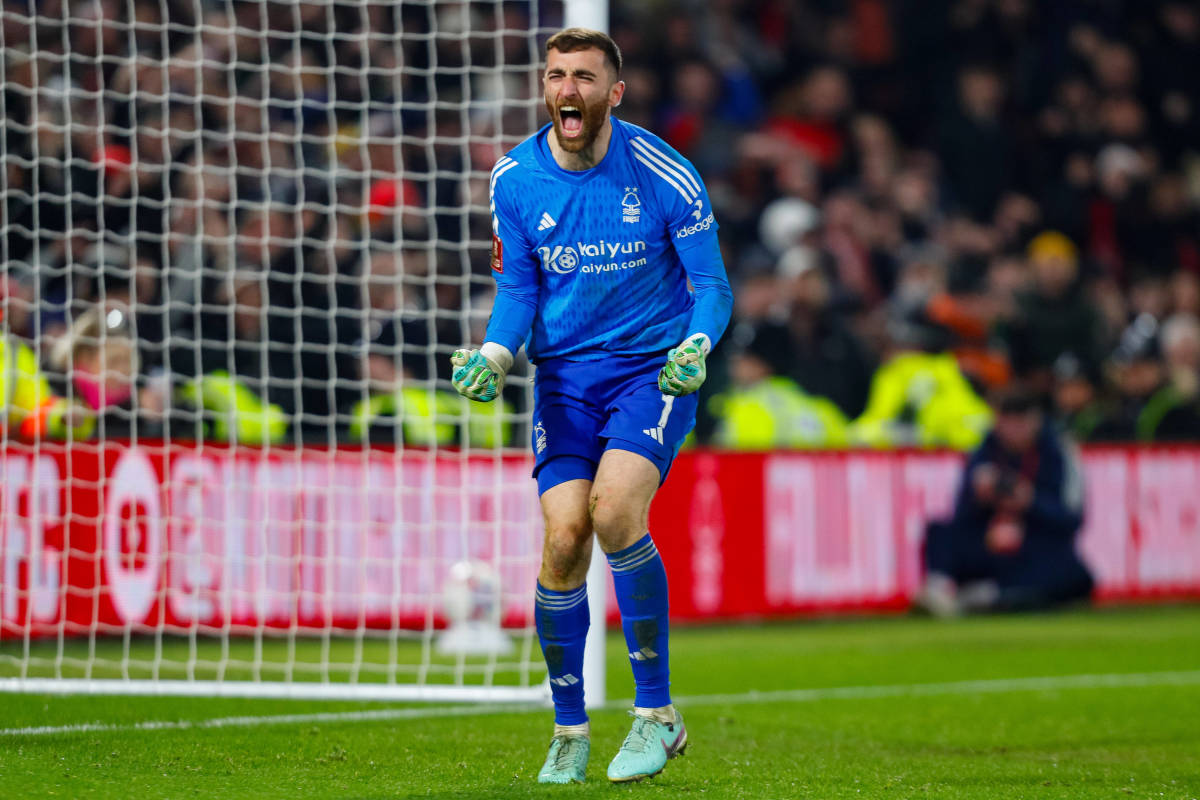 Nottingham Forest keeper Matt Turner pictured celebrating after saving a penalty kick in an FA Cup shootout against Bristol City in February 2024