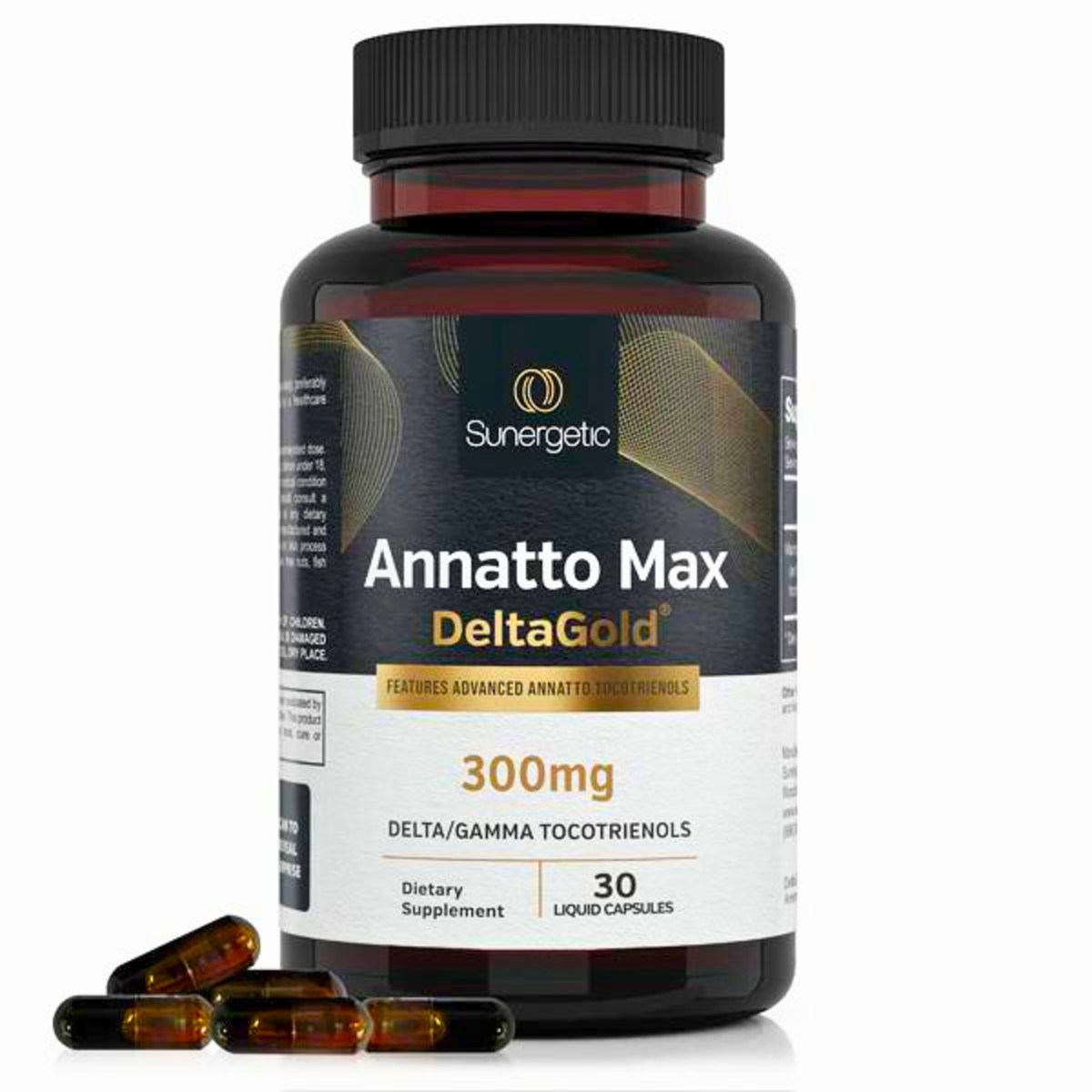 A bottle of Sunergetic Annatto Max DeltaGold vitamin E supplements