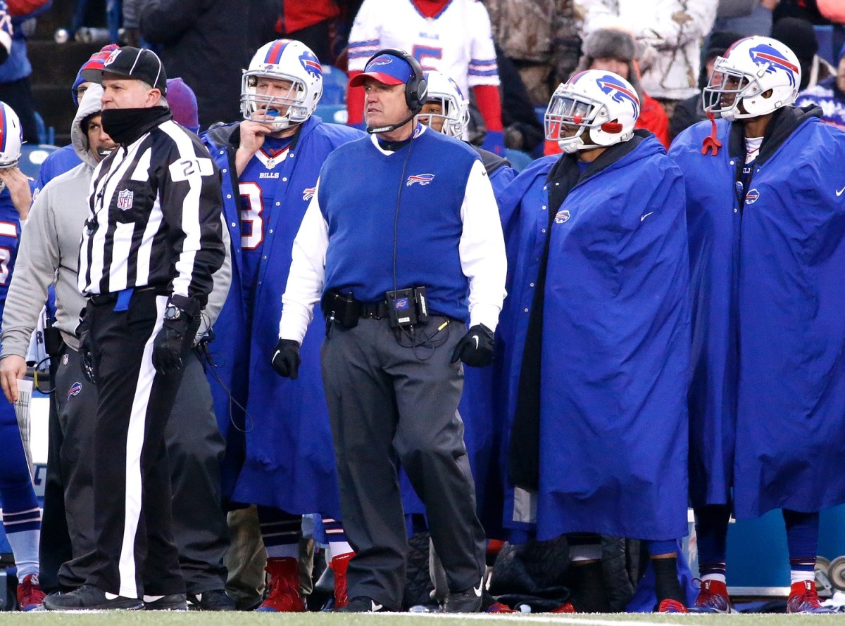Dec 24, 2016; Orchard Park, NY, USA; Buffalo Bills head coach Rex Ryan (wearing vest) on the sideline during the second half against the Miami Dolphins at New Era Field. The Dolphins beat the Bills 34-31 in overtime.
