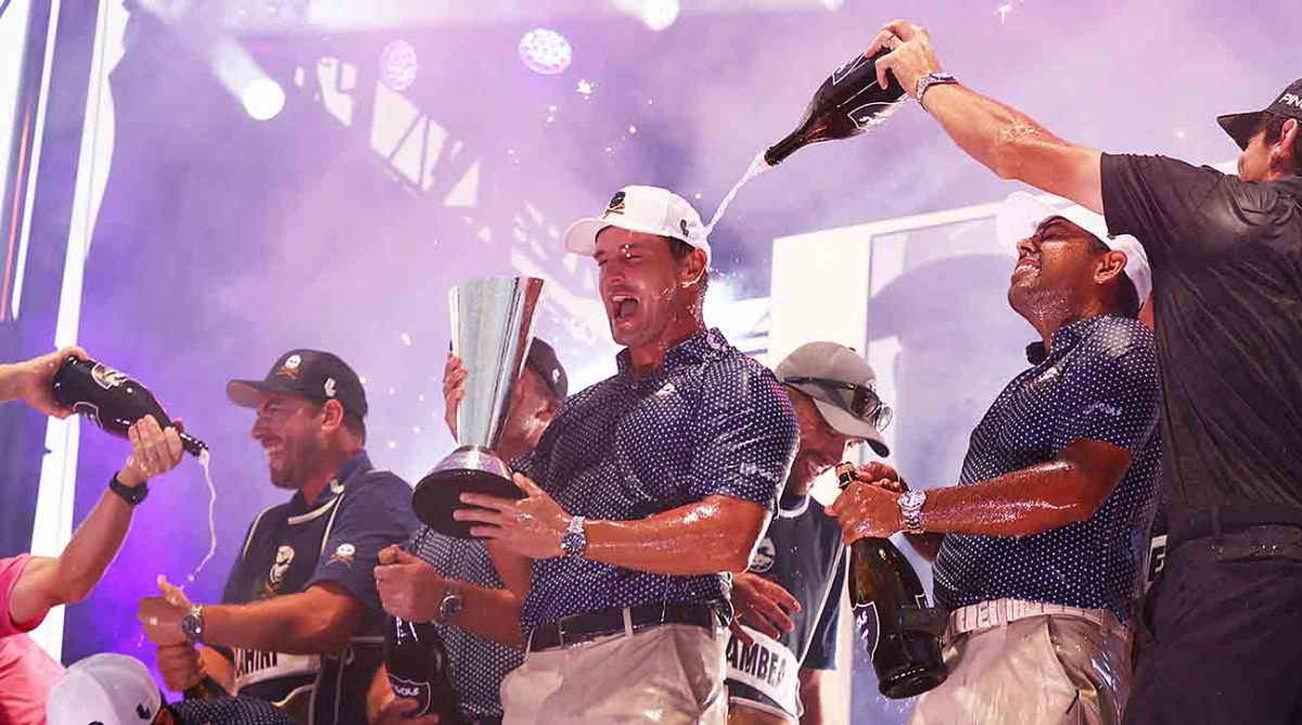 Captain Bryson DeChambeau and Crushers GC celebrate winning the 2023 LIV Golf Invitational - Miami Team Championship at Trump National Doral Miami.