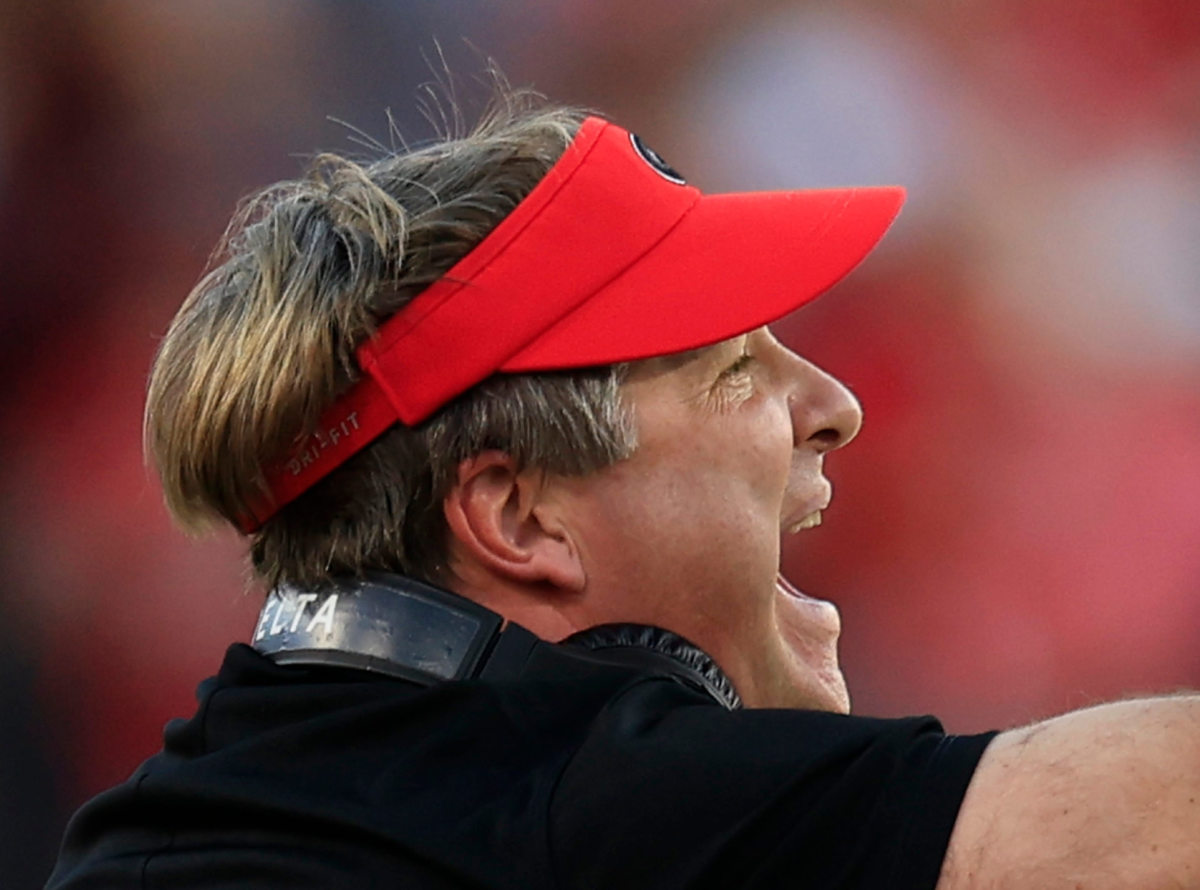 Georgia Bulldogs head coach Kirby Smart yells from the sideline during the third quarter of an NCAA Football game Saturday, Oct. 28, 2023 at EverBank Stadium in Jacksonville, Fla. Georgia defeated Florida 43-20.