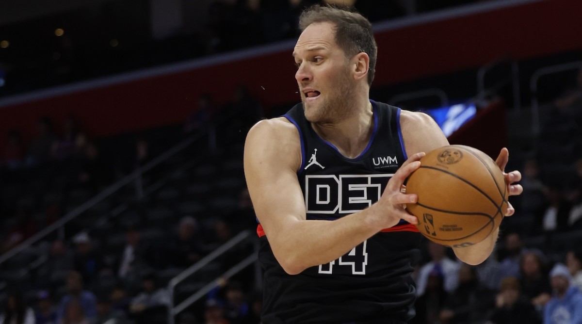 Detroit Pistons forward Bojan Bogdanović grabs the rebound in the first half against the Minnesota Timberwolves at Little Caesars Arena in Detroit on Jan. 17, 2024