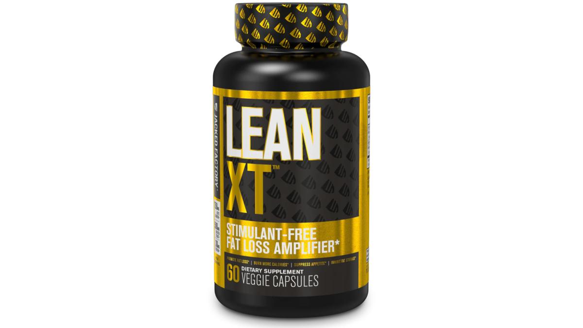 A black and yellow bottle of Jacked Factory Lean XT stimulant-free fat burner against a white background