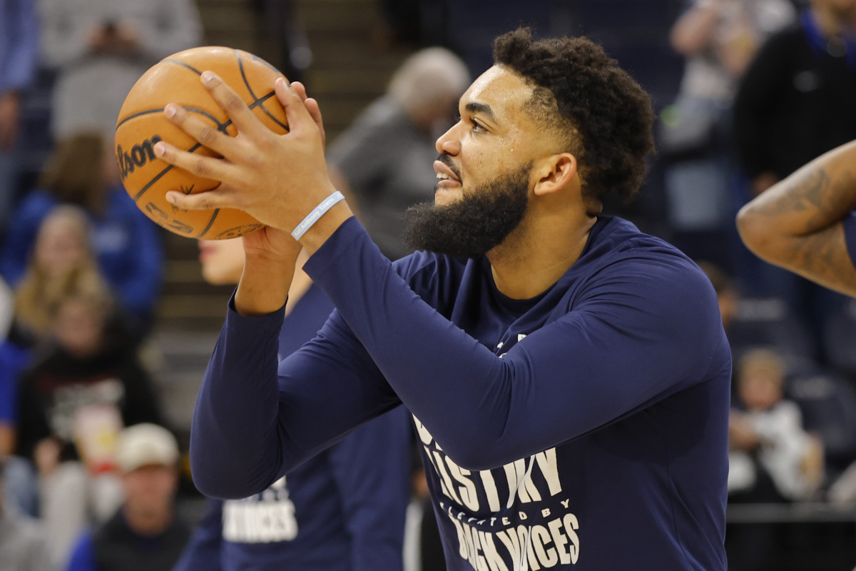 Feb 4, 2024; Minneapolis, Minnesota, USA; Minnesota Timberwolves forward Karl-Anthony Towns (32) warms up before a game the Houston Rockets at Target Center.