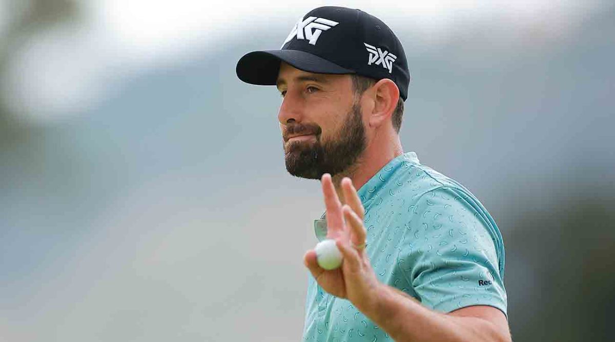 Cristobal Del Solar of Chile reacts on the 18th green after shooting 57 in the first round of the Astara Golf Championship presented by Mastercard at Country Club de Bogota on Feb. 8, 2024, in Bogota, Colombia.