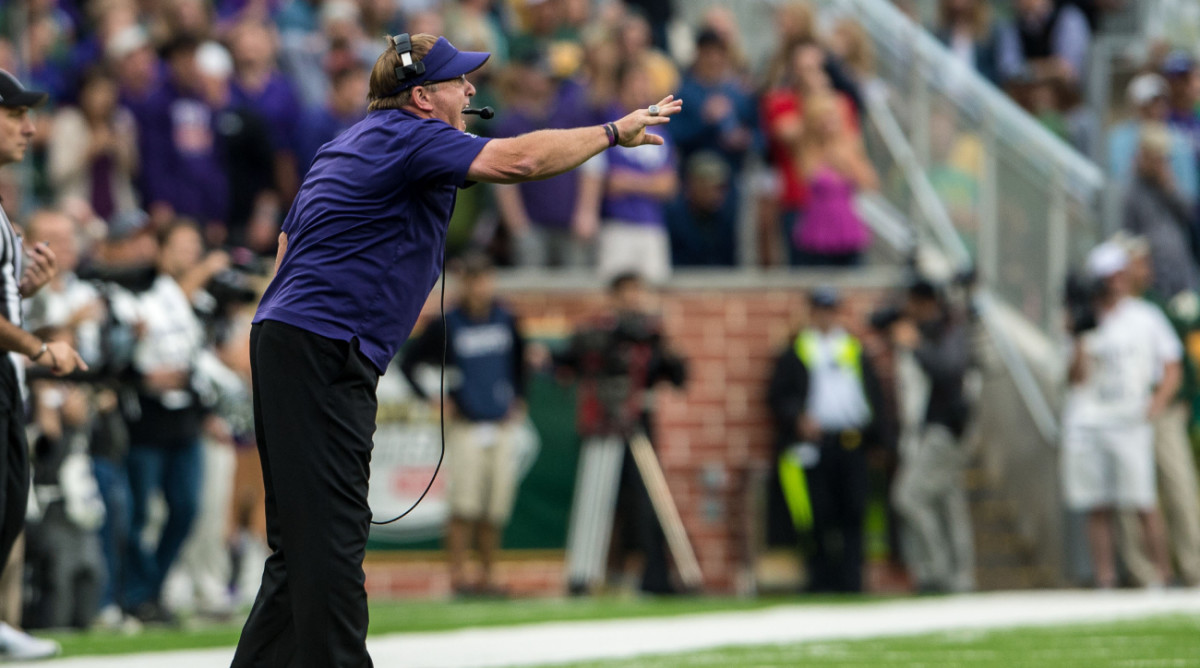 Gary Patterson coaches a game for TCU at Baylor.