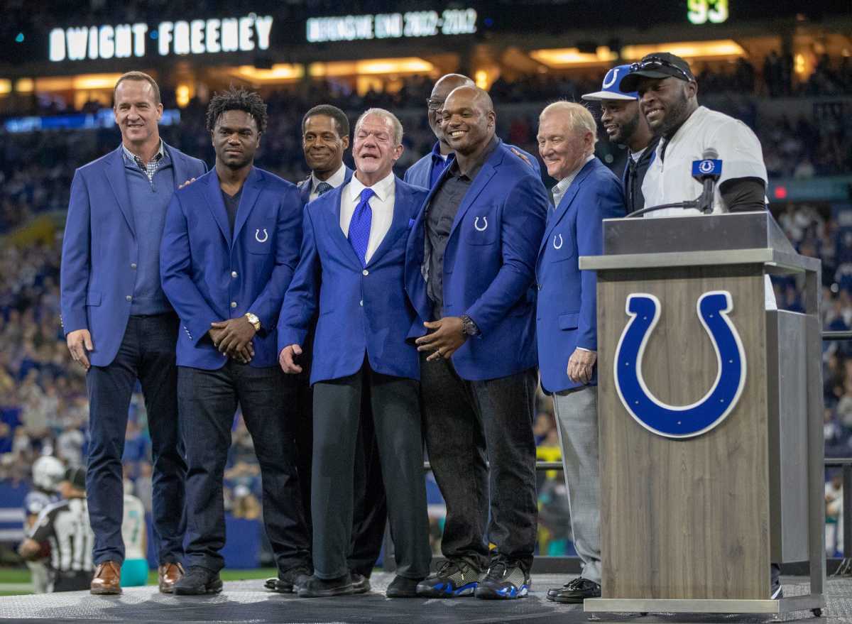 Colts Ring of Honor recipients surround Dwight Freeney (fourth from right), the newest recipient, Miami Dolphins at Indianapolis Colts, Sunday, Nov. 10, 2019. Dolphins At Colts