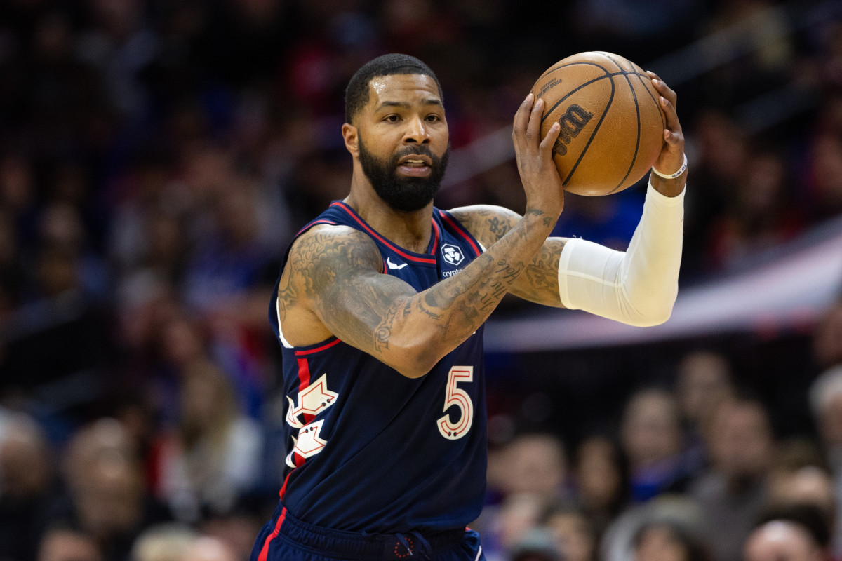 Feb 3, 2024; Philadelphia, Pennsylvania, USA; Philadelphia 76ers forward Marcus Morris Sr. (5) in a game against the Brooklyn Nets during the first quarter at Wells Fargo Center.