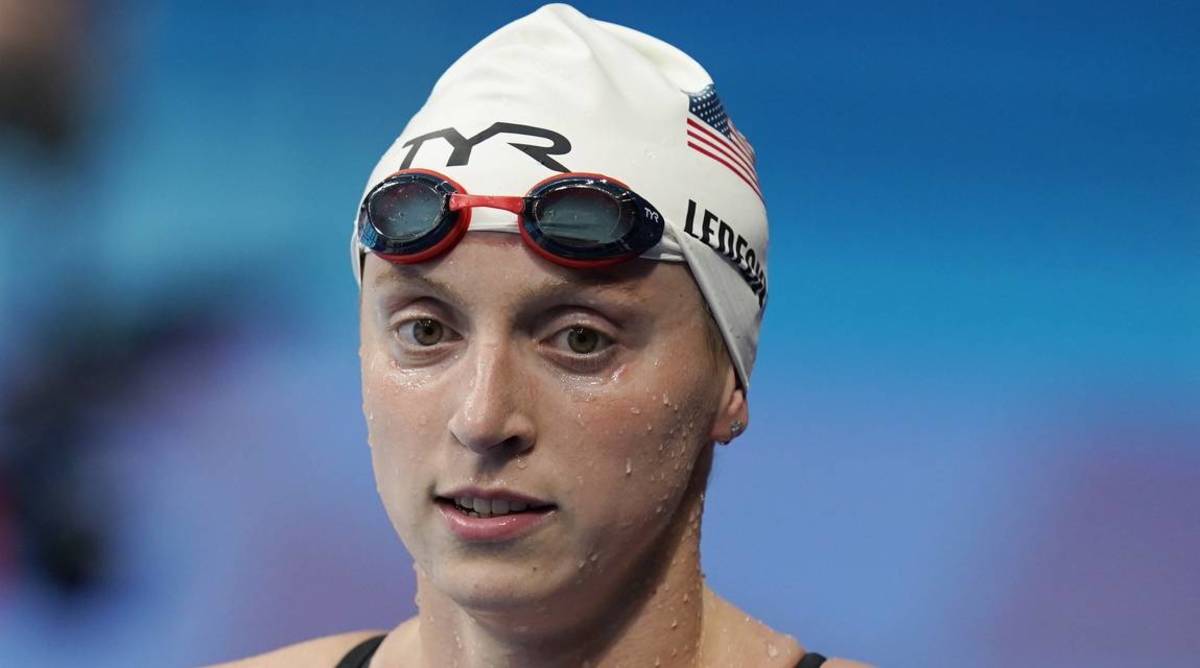 Swimmer Katie Ledecky looks on after competing in an event during the Summer Olympics.