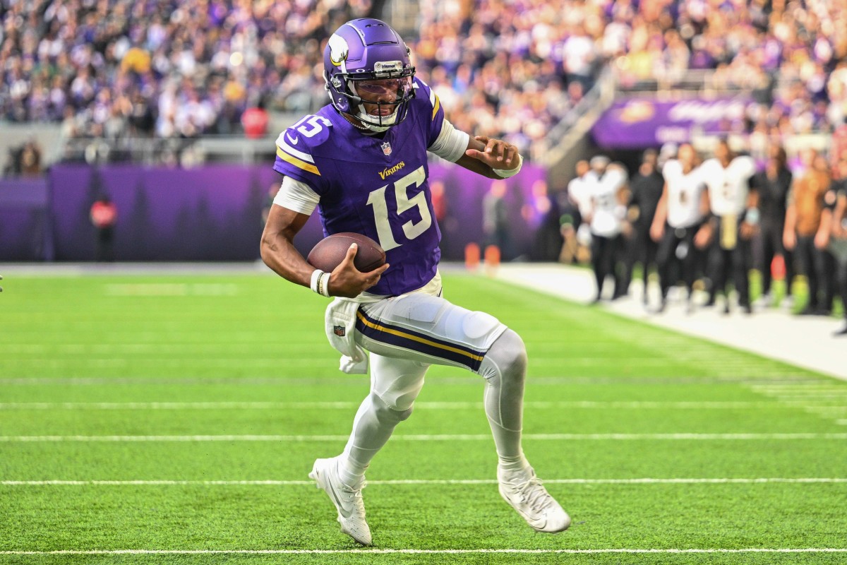 Nov 12, 2023; Minneapolis, Minnesota, USA; Minnesota Vikings quarterback Joshua Dobbs (15) in action against the New Orleans Saints at U.S. Bank Stadium.