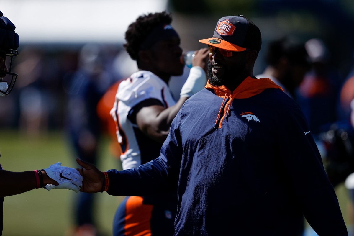 Aug 5, 2022; Englewood, CO, USA; Denver Broncos defensive line coach Marcus Dixon during training camp at the UCHealth Training Center.