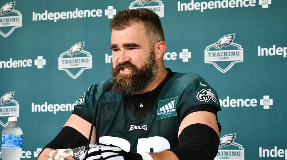 Eagles center Jason Kelce speaks with the media during a training camp practice.