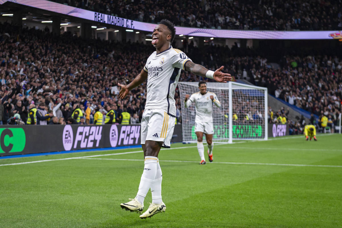 Vinicius Junior pictured celebrating after scoring a superb solo goal for Real Madrid in a 4-0 win over Girona in February 2024