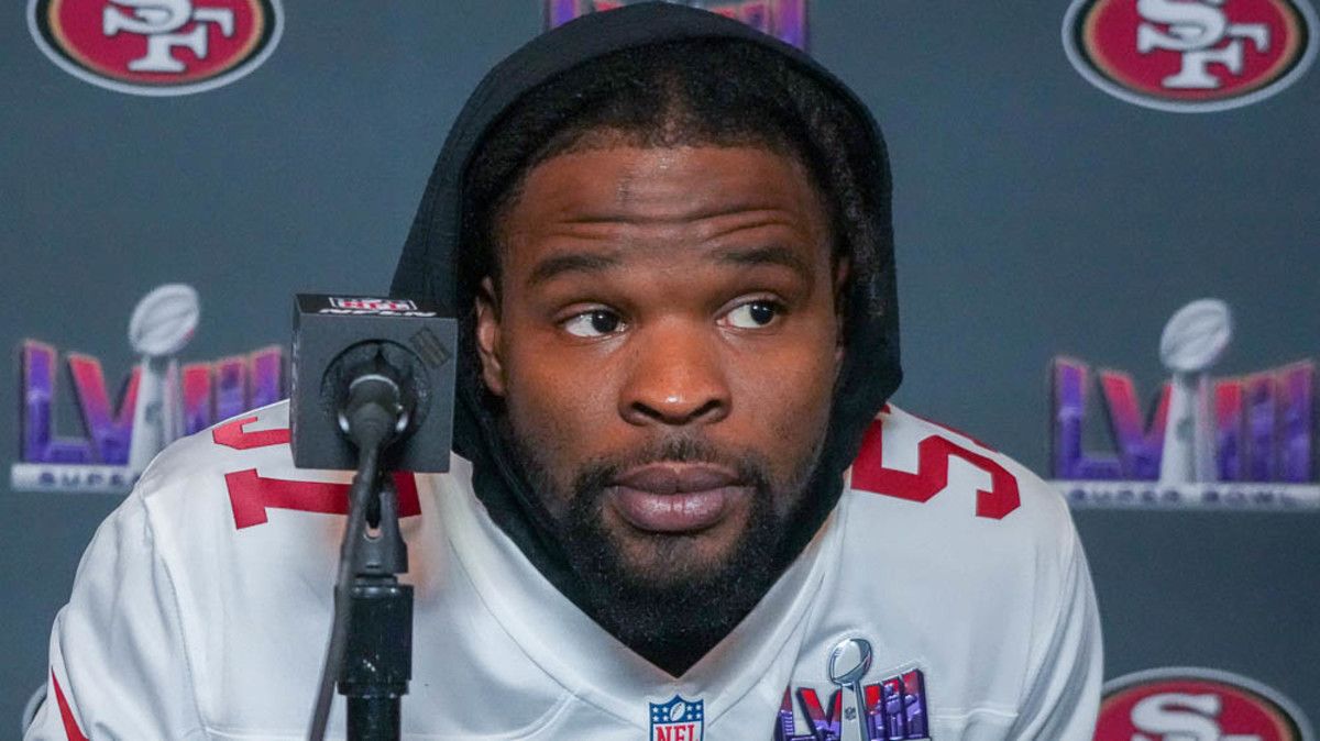 Former Razorback Dre Greenlaw at Super Bowl press conference this week