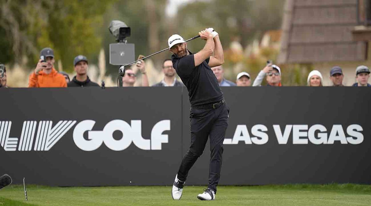 Dustin Johnson plays his shot from the 14th tee during the second round of the 2024 LIV Golf Las Vegas tournament at Las Vegas Country Club.