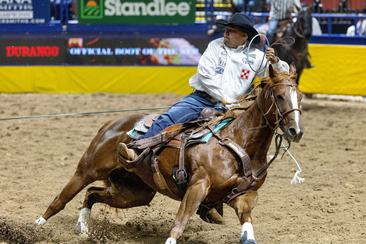 Erich Rogers on his mare Popular And Famous at the 2023 Wrangler National Finals Rodeo.