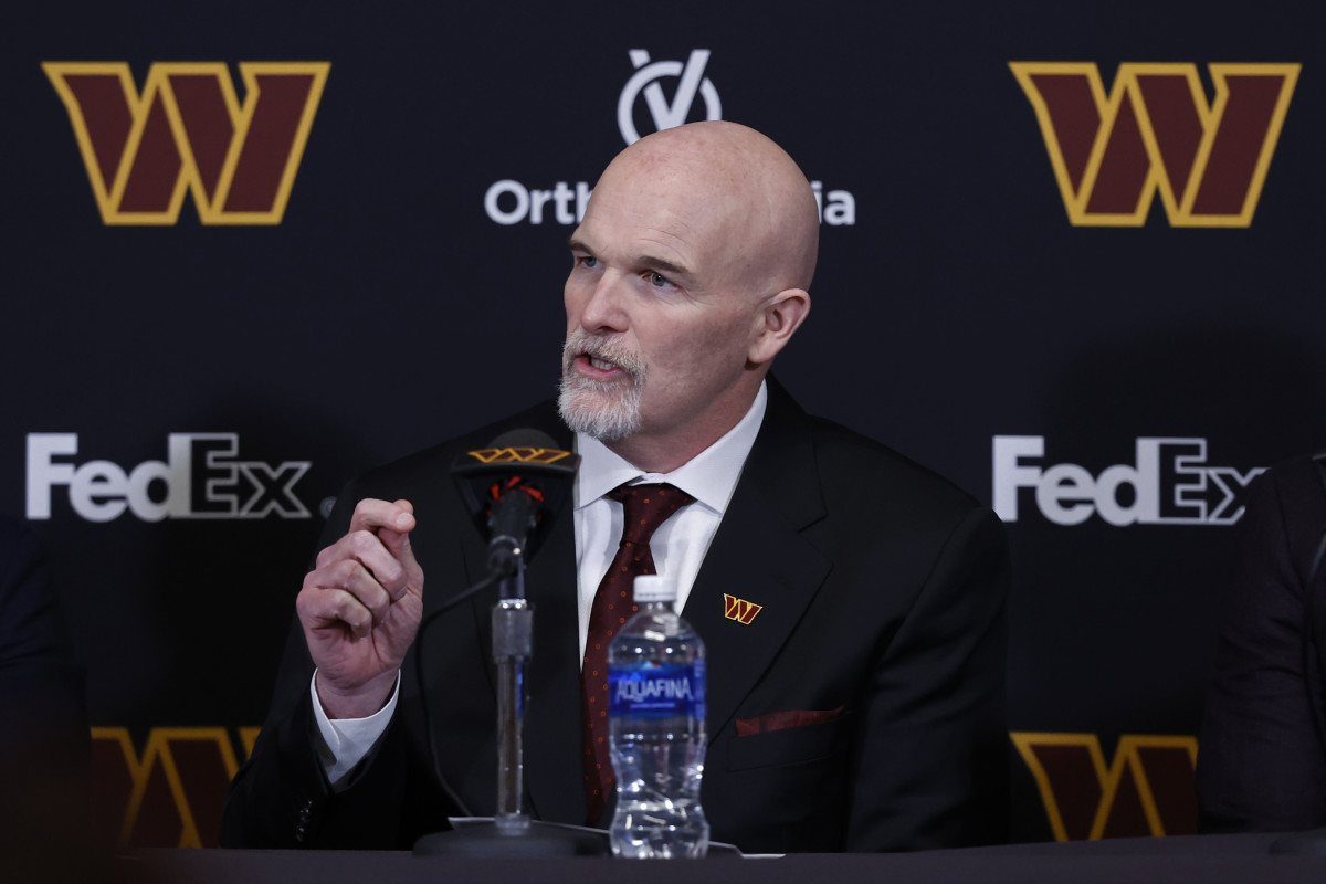 Feb 5, 2024; Ashburn, VA, USA; Washington Commanders head coach Dan Quinn speaks at his introductory press conference at Commanders Park.