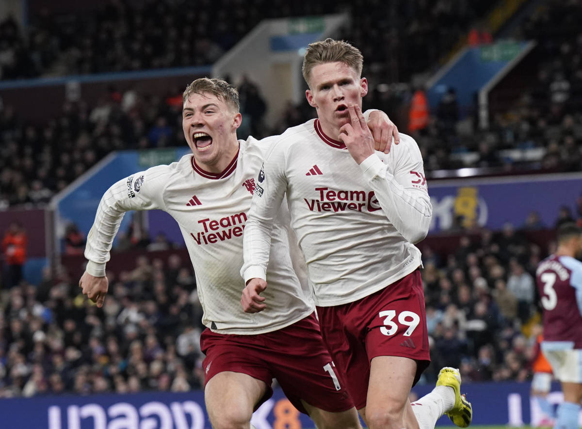 Goalscorers Rasmus Hojlund (left) and Scott McTominay pictured celebrating during Manchester United's 2-1 win at Aston Villa in February 2024