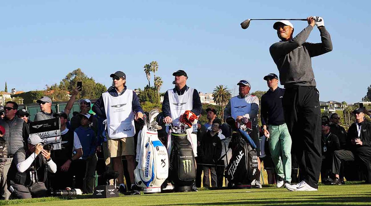 Tiger Woods hits from the 15th hole tee box during the second round of the 2020 Genesis Invitational at Riviera Country Club.