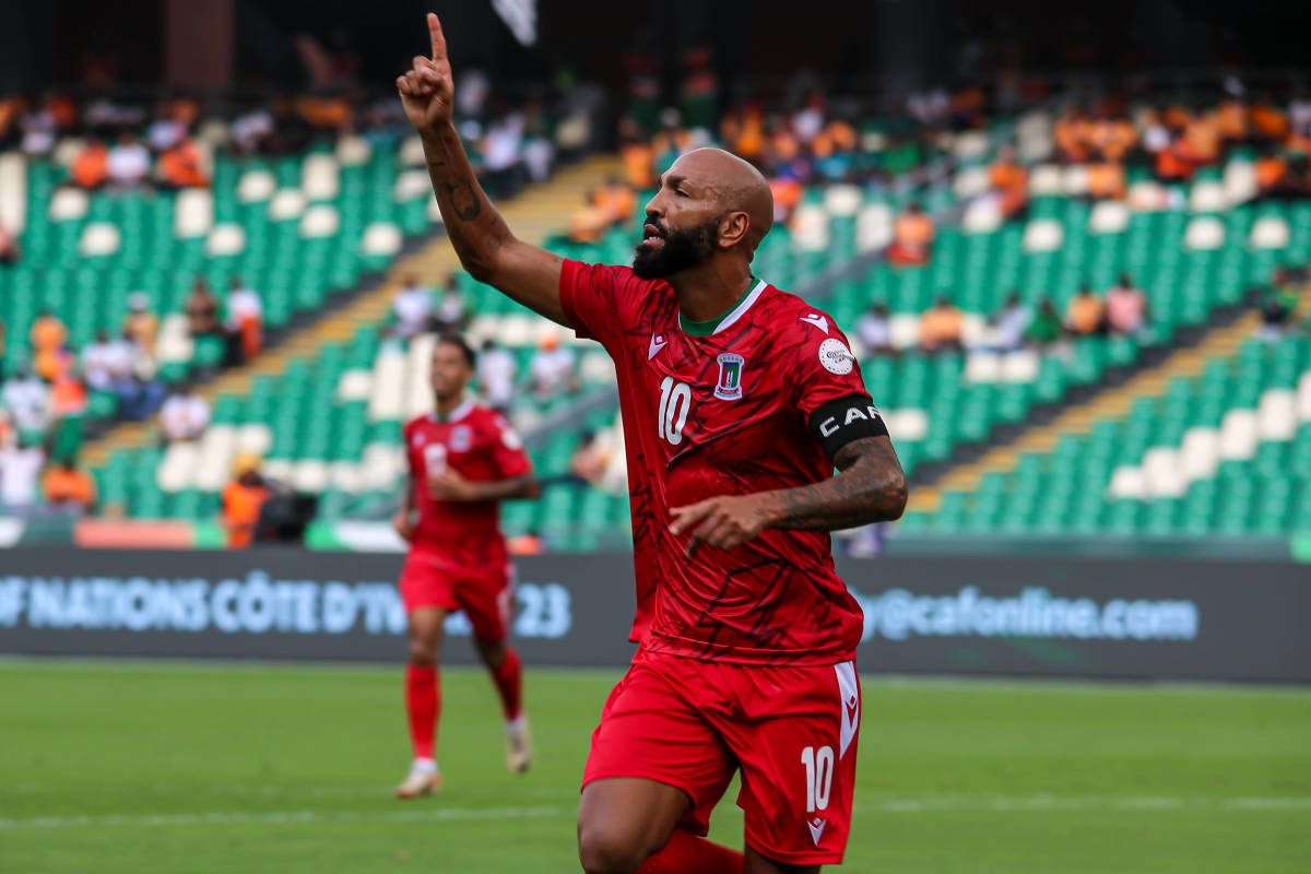 Hat-trick hero Emilio Nsue pictured celebrating during Equatorial Guinea's 4-2 win over Guinea-Bissau at the Africa Cup of Nations in January 2024