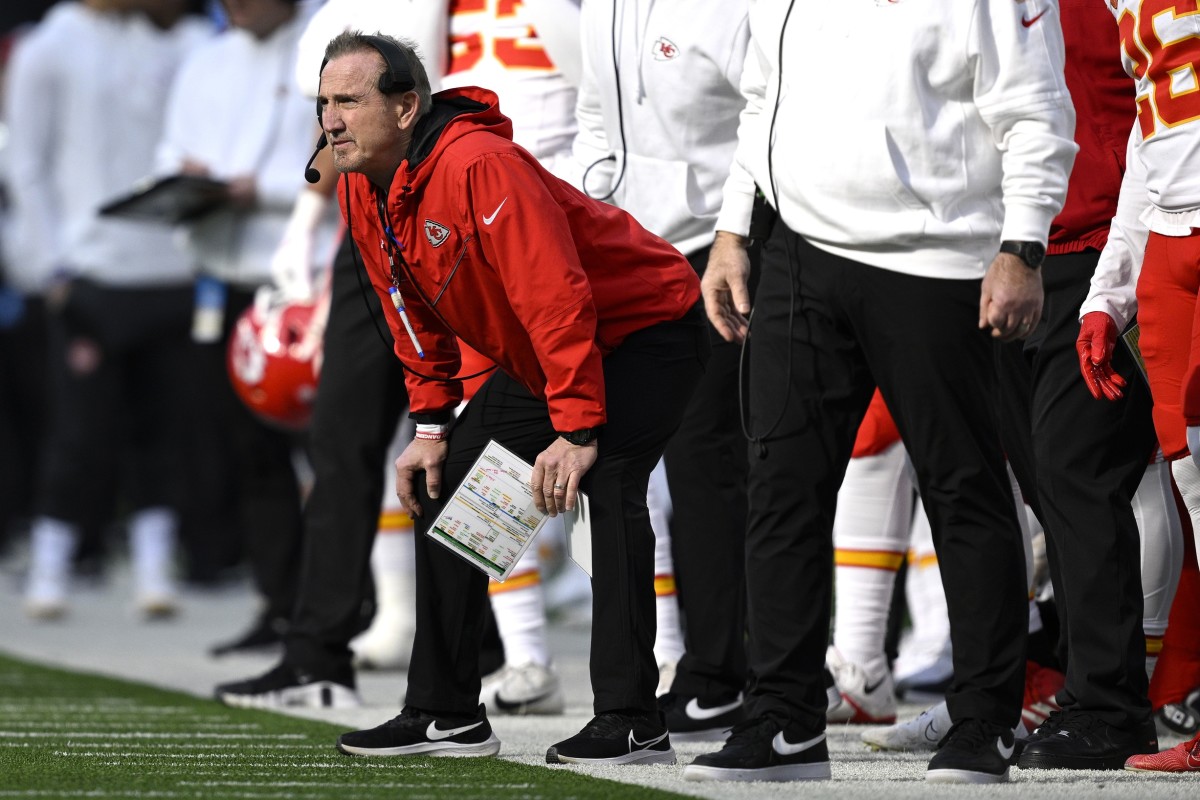 Jan 7, 2024; Inglewood, California, USA; Kansas City Chiefs defensive coordinator Steve Spagnuolo looks on from the sideline during the first half against the Los Angeles Chargers at SoFi Stadium.