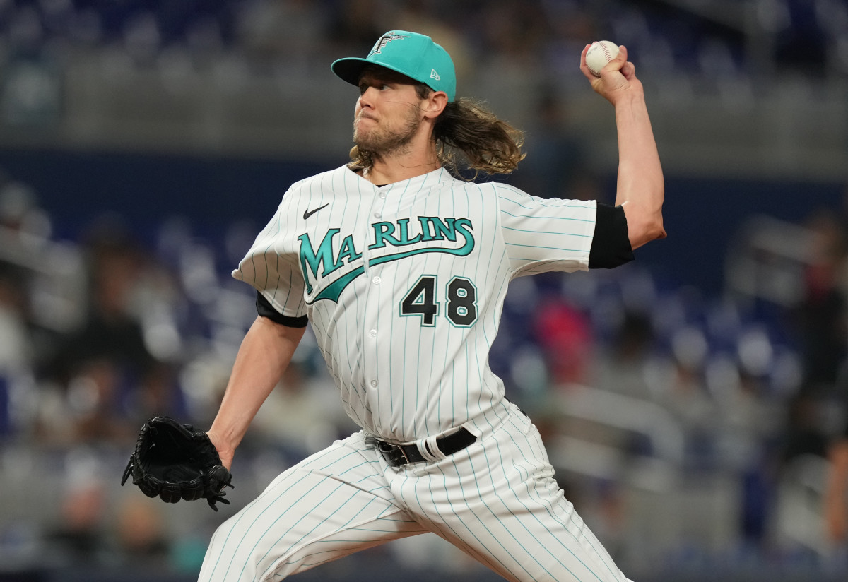 Miami Marlins relief pitcher Steven Okert pitches against the Colorado Rockies in the ninth inning at loanDepot Park. (2023)