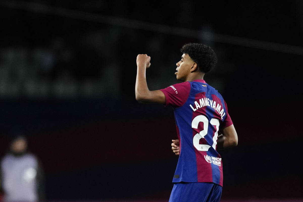 Barcelona teenager Lamine Yamal pictured celebrating after scoring his second goal of the game in a 3-3 draw against Granada in February 2024