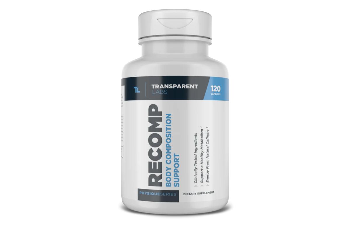 A bottle of Transparent Labs Recomp Body Composition Support fat burner supplement against a white background.