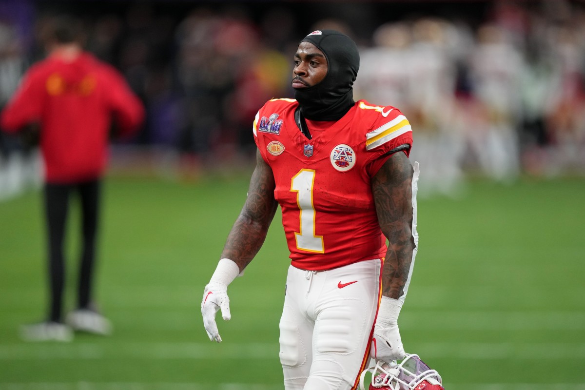 Feb 11, 2024; Paradise, Nevada, USA; Kansas City Chiefs running back Jerick McKinnon (1) warms up before Super Bowl LVIII against the San Francisco 49ers at Allegiant Stadium.