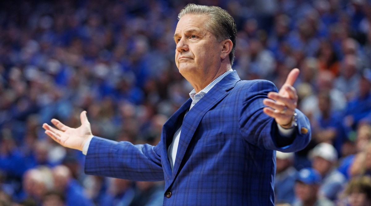 Kentucky Wildcats head coach John Calipari reacts during the first half against the Gonzaga Bulldogs at Rupp Arena in Lexington, Ky., on Feb. 10, 2024.