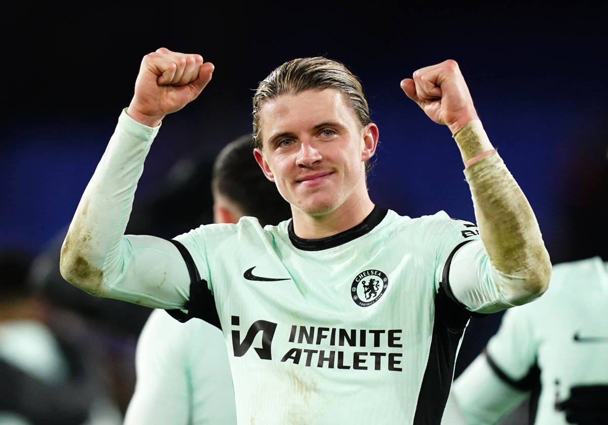 Conor Gallagher pictured celebrating after scoring two goals for Chelsea in a 3-1 win at Crystal Palace in February 2024