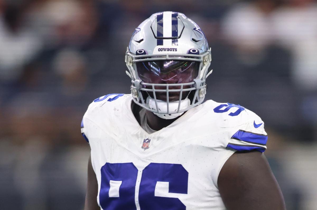 Dallas Cowboys defensive tackle Neville Gallimore (96) on the line of scrimmage in the game against the Jacksonville Jaguars at AT&T Stadium.