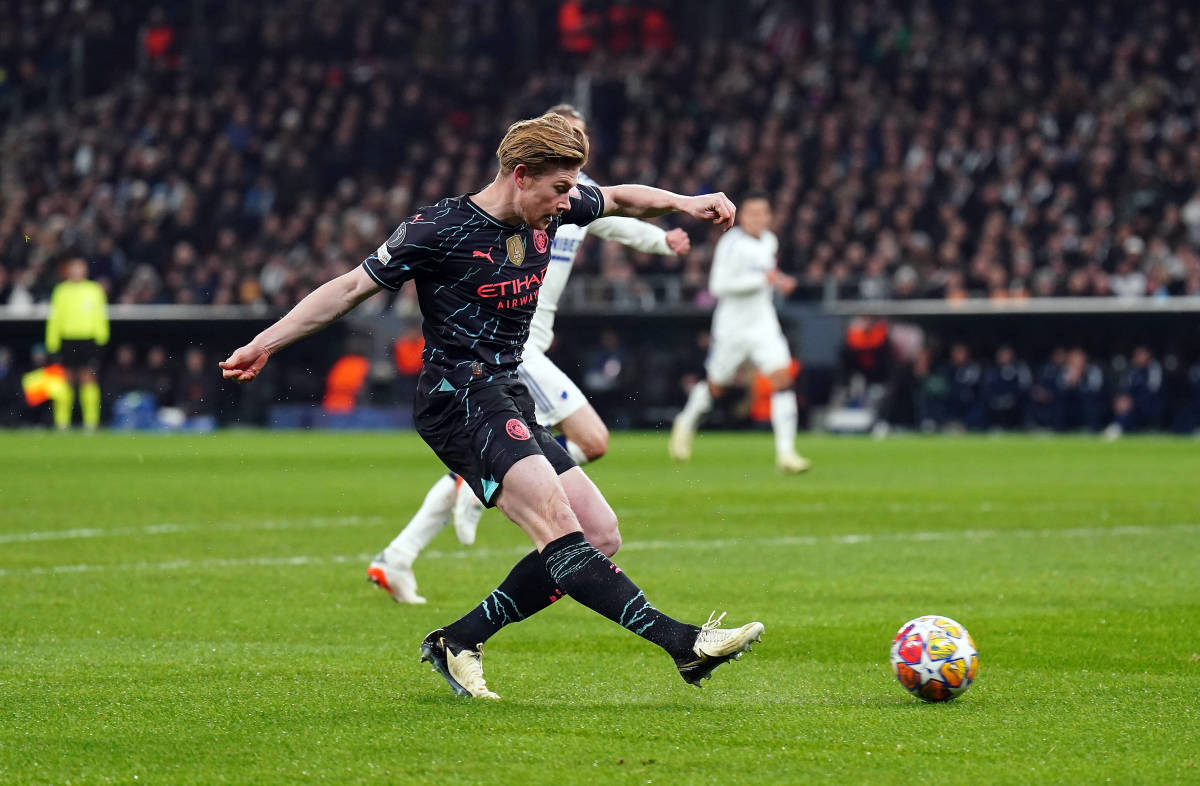 Kevin De Bruyne pictured scoring a goal during Manchester City's 3-1 win at Copenhagen in the UEFA Champions League in February 2024