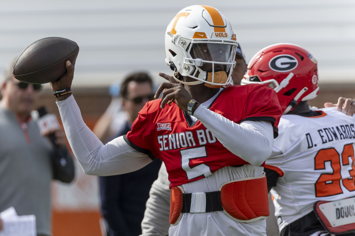 Tennessee Volunteers QB Joe Milton III during practices at the Reese's Senior Bowl. (Photo by Vasha Hunt of USA Today Sports)