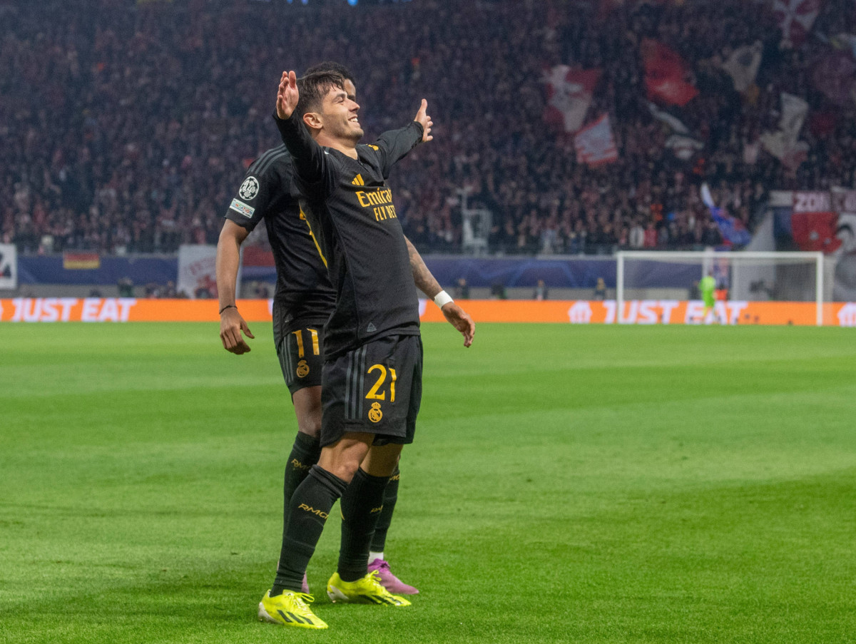 Brahim Diaz pictured celebrating in the style of Jude Bellingham after scoring a superb goal for Real Madrid in a 1-0 win at RB Leipzig in the UEFA Champions League in February 2024