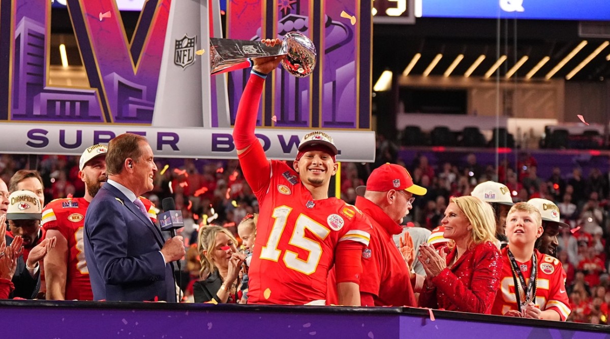 Kansas City Chiefs quarterback Patrick Mahomes celebrates after winning Super Bowl LVIII