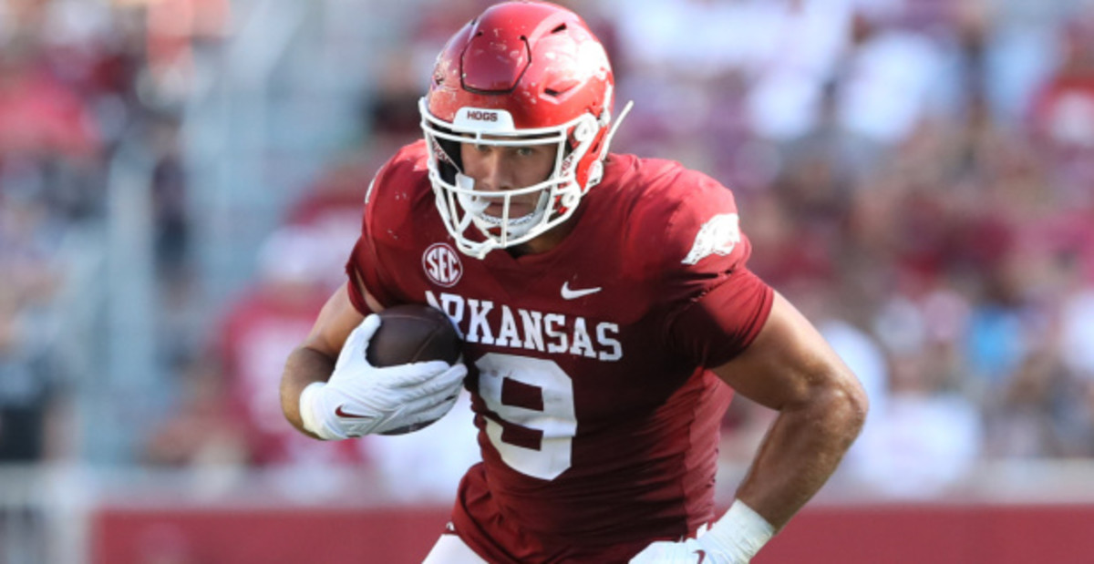 Arkansas Razorbacks tight end Luke Hasz catches a pass during a college football game in the SEC.
