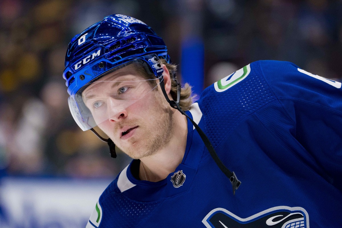 Jan 24, 2024; Vancouver, British Columbia, CAN; Vancouver Canucks forward Brock Boeser (6) skates during warm up prior to a game against the St. Louis Blues at Rogers Arena.