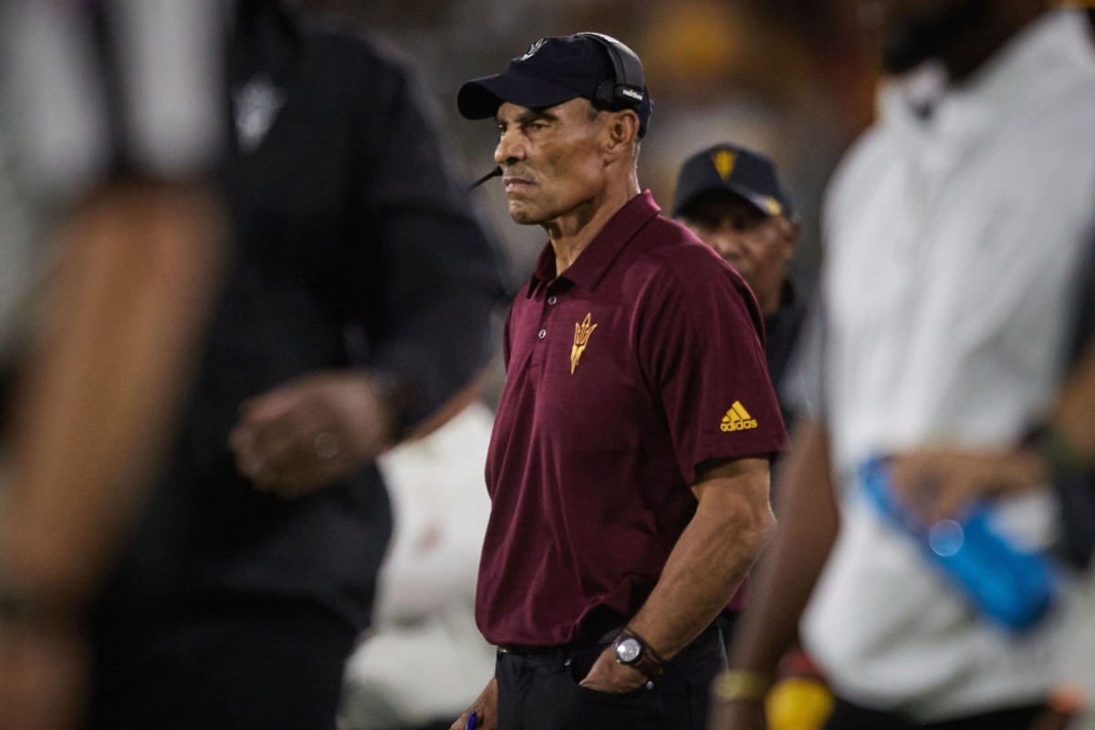 Arizona State Sun Devils head football coach Herm Edwards stands on the sidelines as his team faces the Eastern Michigan Eagles at Sun Devil Stadium in Tempe, Ariz., on Sept. 17, 2022.