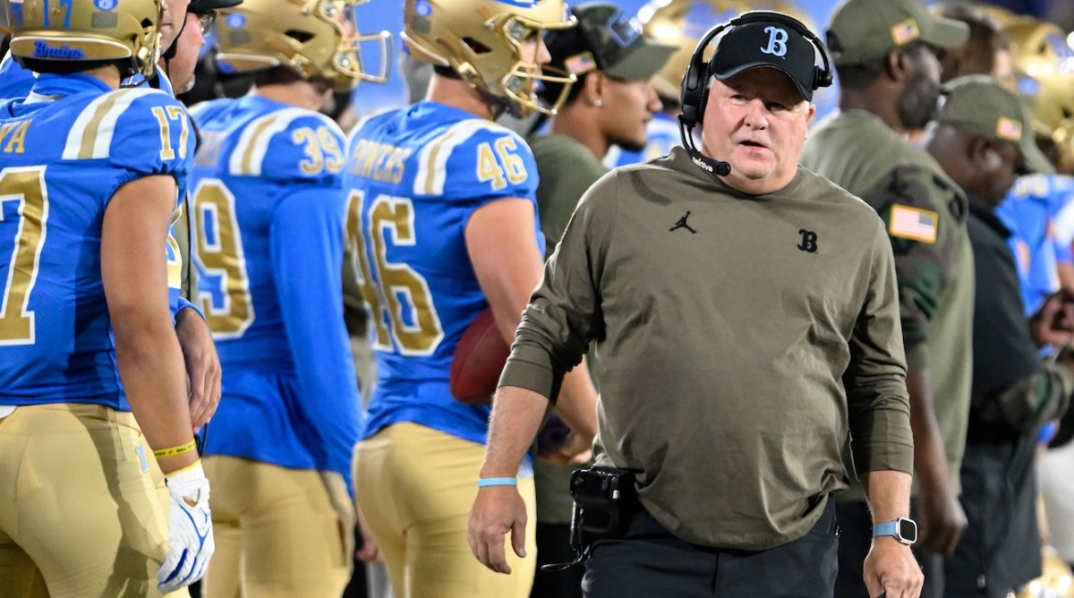 UCLA Bruins head coach Chip Kelly walks along the sideline during the first half against the Arizona State Sun Devils at the Rose Bowl in Pasadena, Calif., on Nov. 11, 2023.