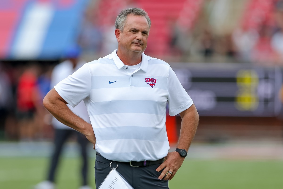 SMU Mustangs head coach Sonny Dykes reacts after the overtime 2-point conversion is placed under review against the Navy Midshipmen at Gerald J. Ford Stadium in Dallas on Sept. 22, 2018.