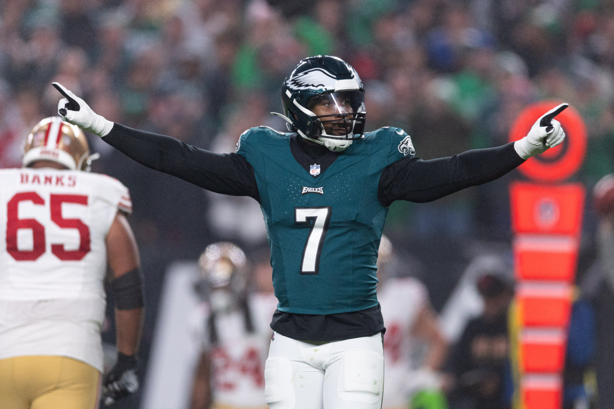 Dec 3, 2023; Philadelphia, Pennsylvania, USA; Philadelphia Eagles linebacker Haason Reddick (7) reacts after a defensive stop against the San Francisco 49ers during the first quarter at Lincoln Financial Field.  