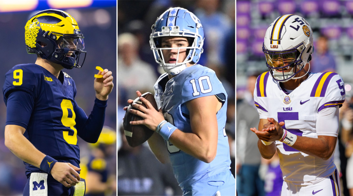 J.J. McCarthy turns to the side looking ahead, holding his mouthguard; Drake Maye holds the ball in between his two hands waiting to throw; Jayden Daniels claps