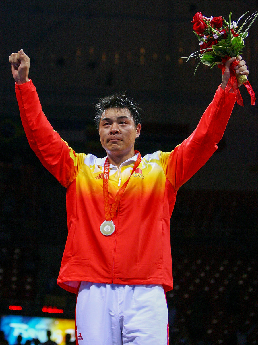 Boxer Zhilei Zhang celebrates winning the silver medal at the 2008 Beijing Olympics.
