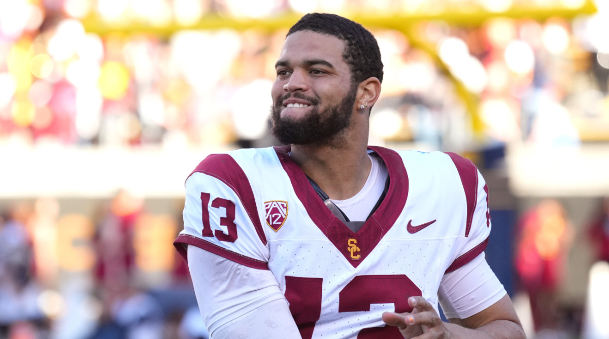 USC quarterback Caleb Williams warms up ahead of a game against Cal.