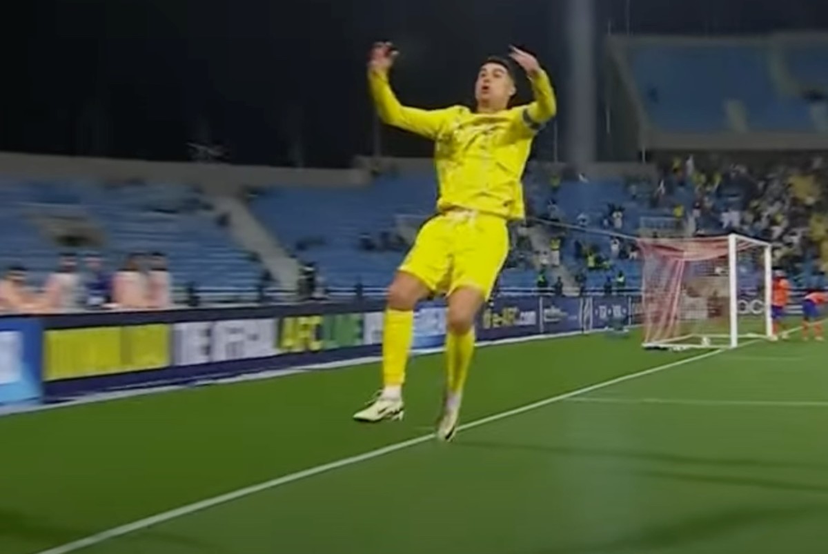 Cristiano Ronaldo pictured performing a new goal celebration after scoring for Al Nassr in a 1-0 win at Al Feiha in the AFC Champions League in February 2024