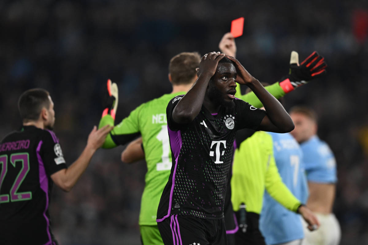 Dayot Upamecano pictured with his hands on his head after being shown a red card during Bayern Munich's 1-0 defeat at Lazio in the UEFA Champions League in February 2024