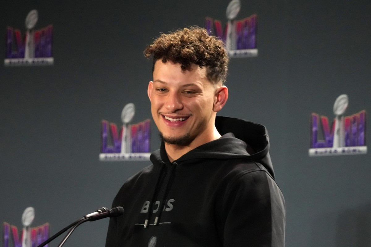  Kansas City Chiefs quarterback Patrick Mahomes speaks at the Super Bowl LVIII Winning Head Coach and Most Valuable Player Press Conference at the Super Bowl 58 media center at the Mandalay Bay North Convention Center. 